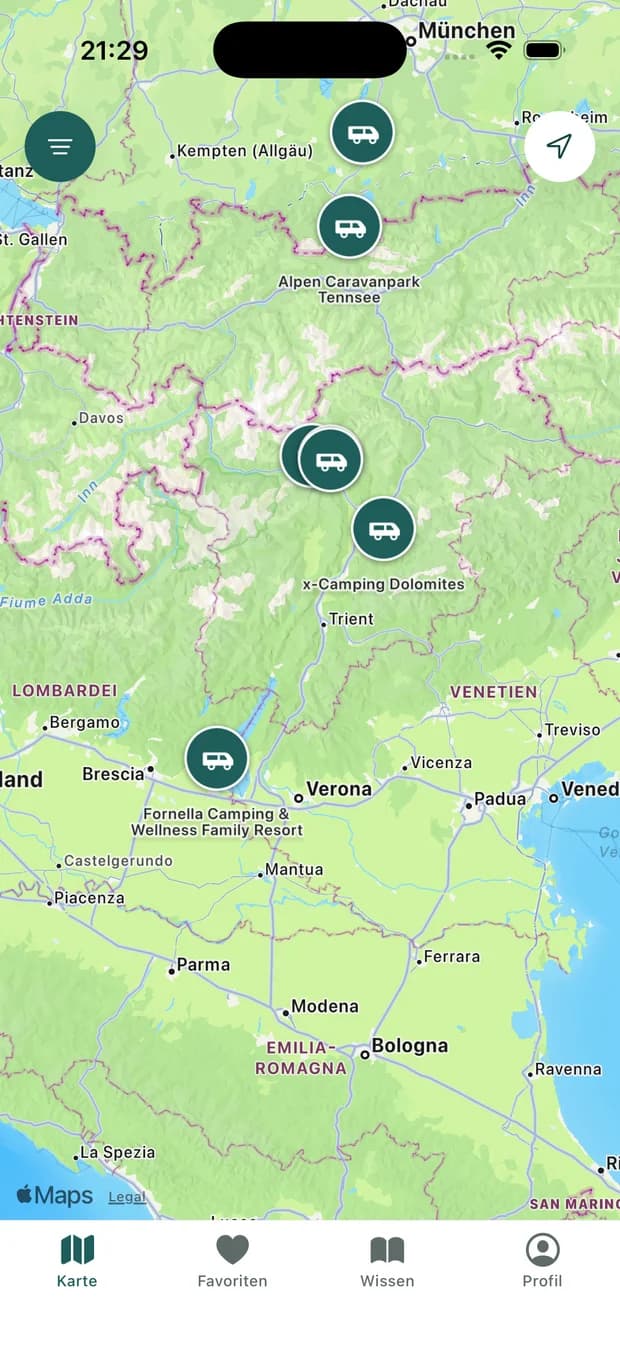 LinerPark Karte mit Stellplätzen für große Wohnmobile